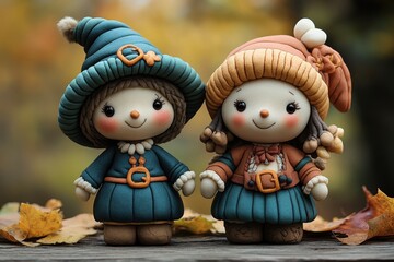 Two charming, colorful figurines dressed in autumn attire, surrounded by fall leaves.