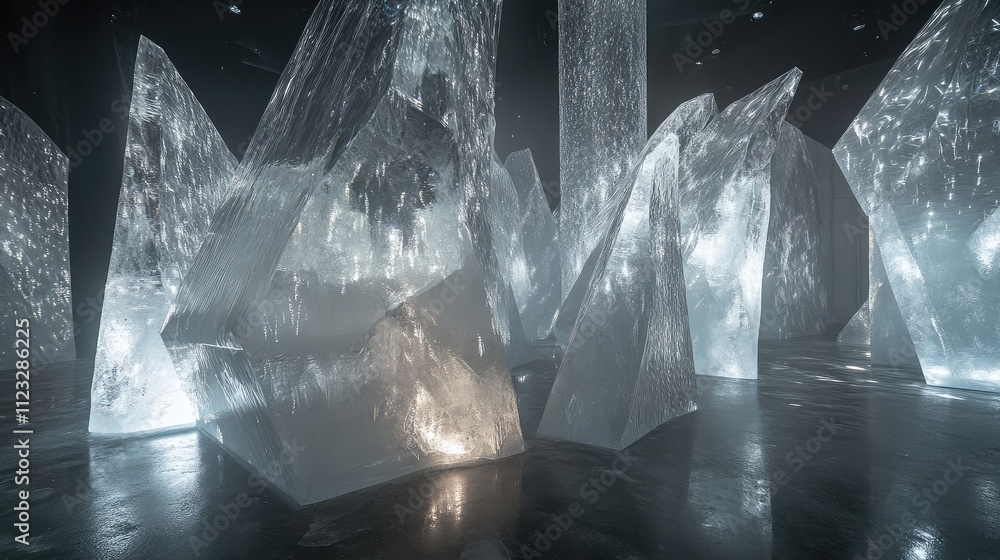 Poster ice sculpted into abstract shapes, arranged to create an immersive art installation with light strea
