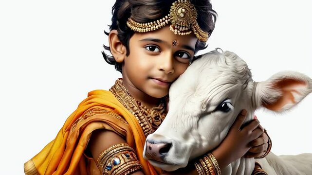 Tender Embrace of Krishna: Boy dressed as Lord Krishna in traditional Indian attire tenderly hugging a calf, love, beauty and serenity