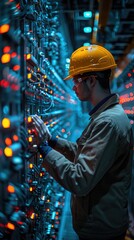 Fototapeta premium Technician inspecting complex industrial control panel.