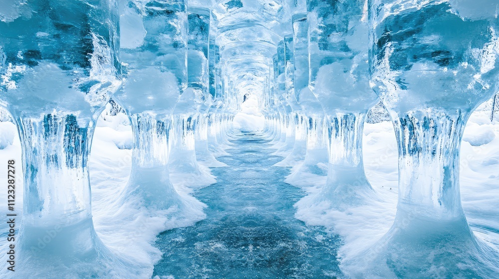 Poster ice pillars arranged in a symmetrical, artistic pattern, with natural light creating a dynamic inter