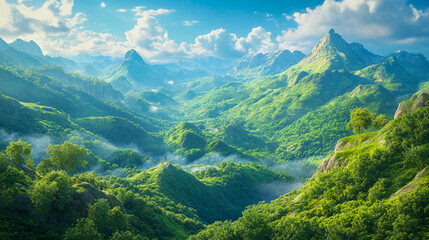 Fototapeta premium Vibrant green mountain landscape with lush wilderness and diverse vegetation, featuring rolling hills, dense forests, and a serene natural environment