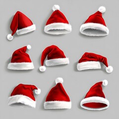 A realistic set of red Santa hats, perfect for Christmas and New Year celebrations.