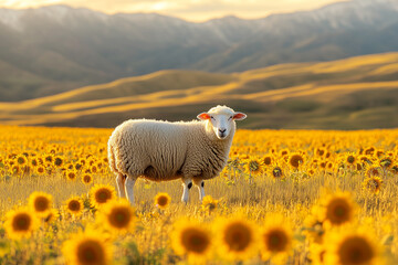 Fototapeta premium A fluffy white sheep sniffing sunflowers in a golden field with mountains in the background