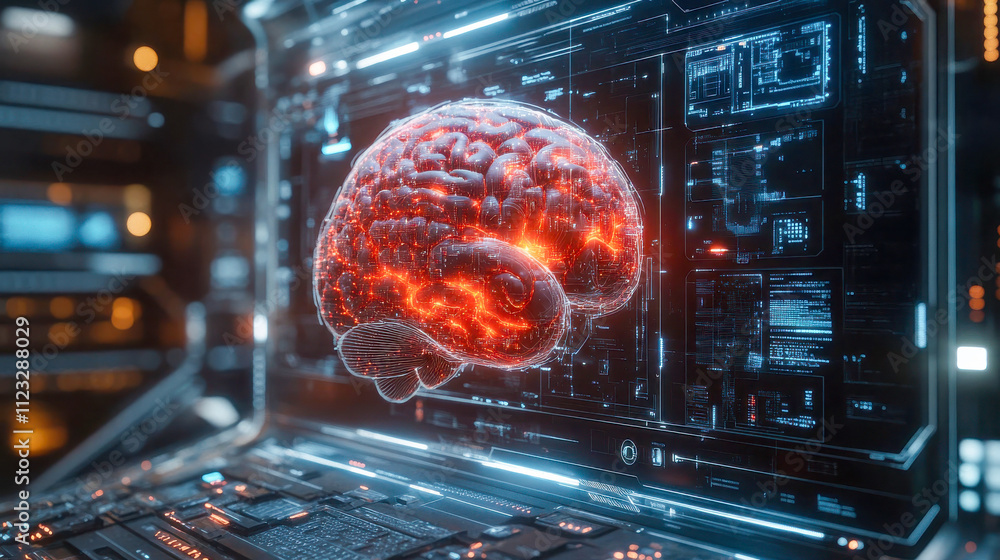 Poster a glowing digital 3d brain model displayed over a futuristic circuit board background, symbolizing a