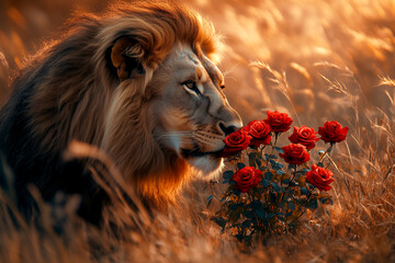 A majestic lion curiously sniffing a bush of red roses in the middle of a savannah