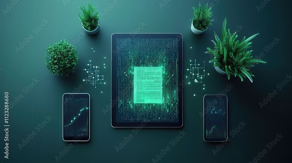 Poster desk with tablet displaying a digital document and smart devices around