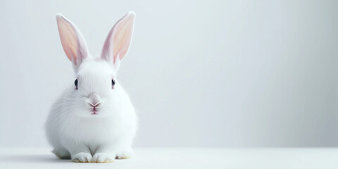 Fototapeta premium Close-Up Portrait of a Fluffy White Rabbit Against a Soft Background, copy space
