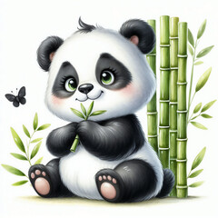 Naklejka premium Cute cartoon panda with bamboo , charming expression in a playful artistic style