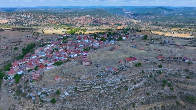 Landscape in the surroundings of the village of Zaorejas. Aerial view from a drone. Molina Alto Tajo Geopark. Alto Tajo Natural Park. Guadalajara Province. Castilla la Mancha. Spain. Europe.