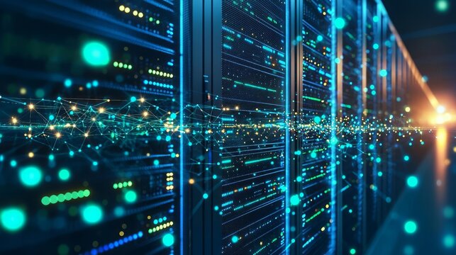 Data Center Cloud Computing Edge Computing A server rack with glowing blue and green lights, emphasizing real-time data processing in edge computing
