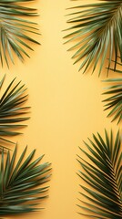 Fototapeta premium Tropical palm leaves elegantly frame a vibrant yellow background, creating a fresh and inviting scene that evokes the warmth of a sunny, relaxing summer day.