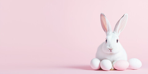 Obraz premium Adorable Easter Bunny With Colorful Eggs on Soft Pink Background, copy space