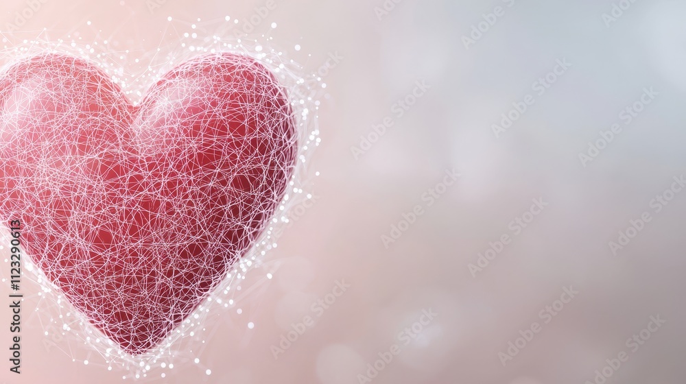 Poster abstract digital heart shape with sparkling lights and delicate fiber texture on a soft blurred back