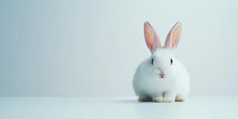Fototapeta premium Adorable White Rabbit Posing Against Minimalistic Background, copy space