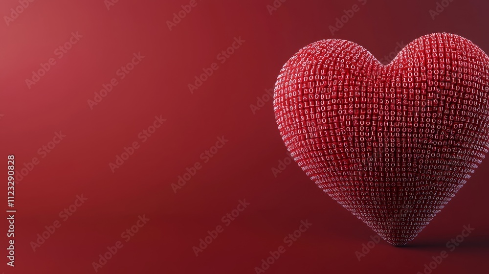 Poster heart made of binary code representing love in digital age with red background for technology and ro