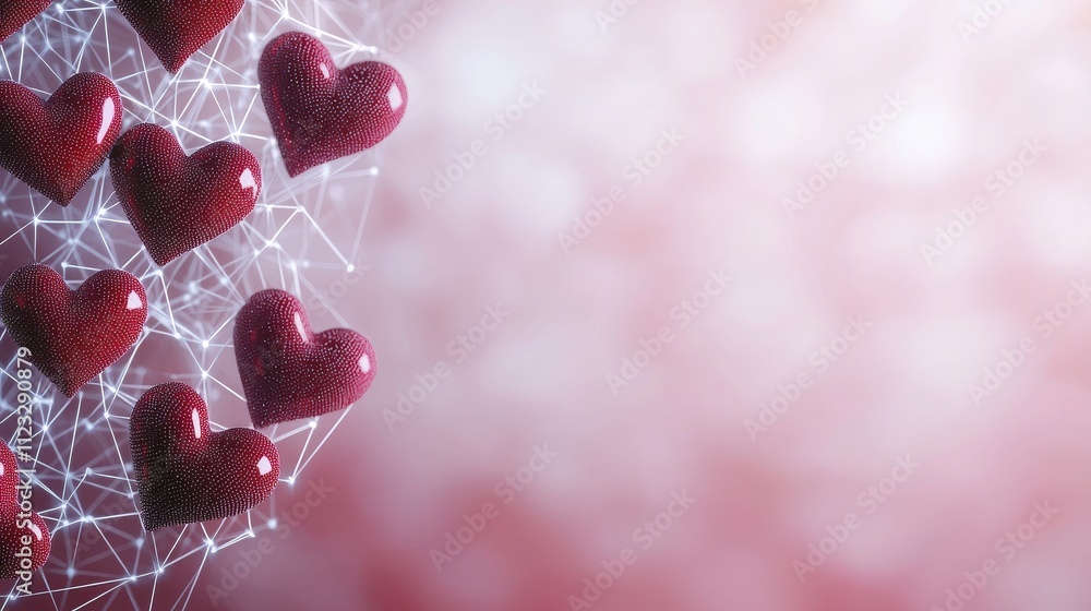 Poster abstract design with shiny red hearts connected by lines on a soft pink background for valentine’s d