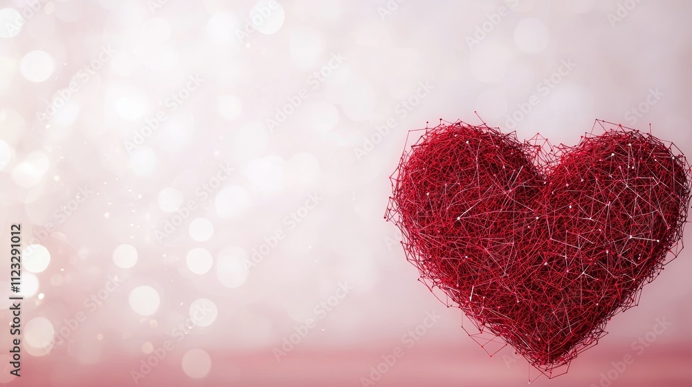 Poster abstract red heart shape made from twisted strands against a soft blurry background in shades of pin