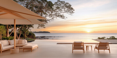 Fototapeta premium Peaceful Beachfront Scenery With Luxurious Seating at Golden Sunset Hour, summer concept, copy space