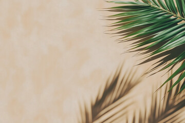 Obraz premium Top View of Tropical Green Leaf Casting Shadow on Sandy Background, summer concept, copy space