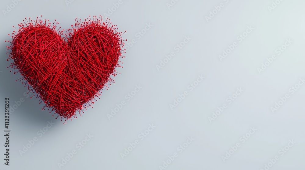 Poster heart shape made of red strings on soft blue background for emotional and romantic themes in creativ