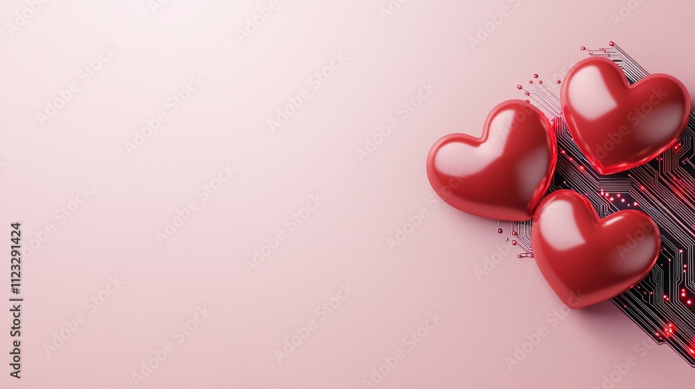 Aufkleber red heart shapes on digital circuit background representing love and technology in a modern design c