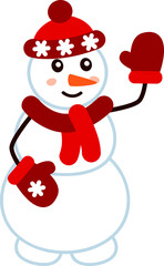 Snowman in a hat with a pompom, mittens and a scarf waves his hand, cute winter character