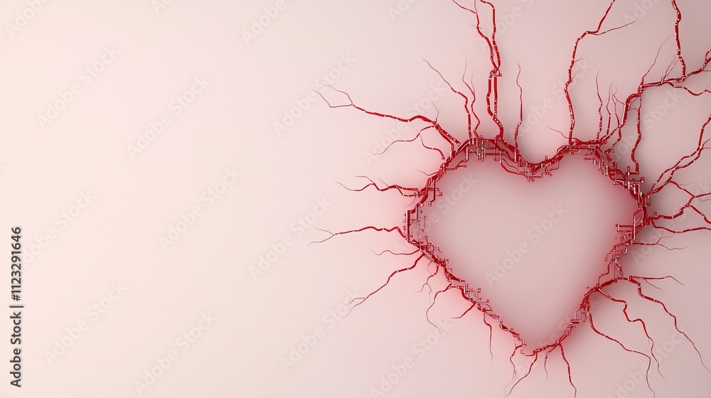 Poster abstract heart shape with intricate red branches on a light background representing love and emotion