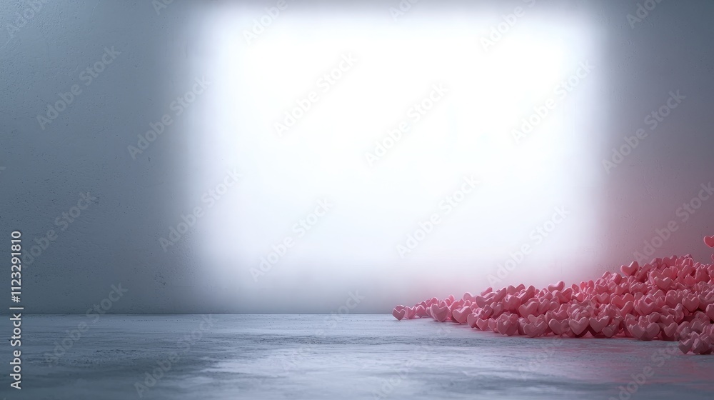 Poster abstract minimalistic background with soft pink elements and bright white glowing frame on textured 