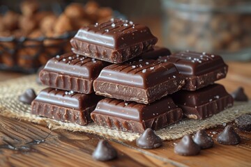 Delicious Milk Chocolate Bars with Sea Salt on Natural Wooden Table Surrounded by Chocolate Chips and Snacks