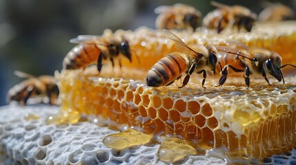A group of bees are gathered around a honeycomb