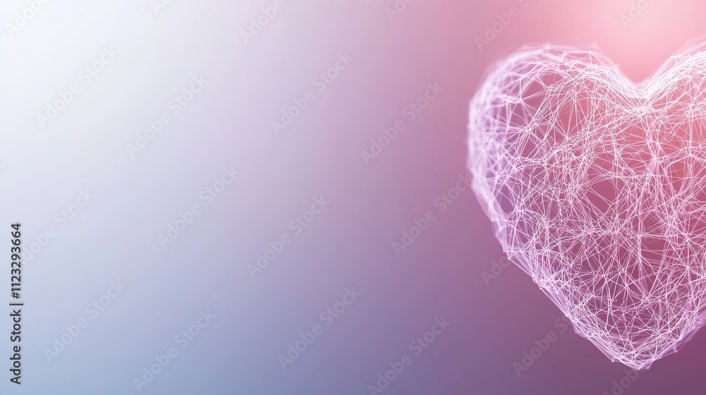 Poster abstract heart shape made of interconnected lines and glowing effects on a soft gradient background 