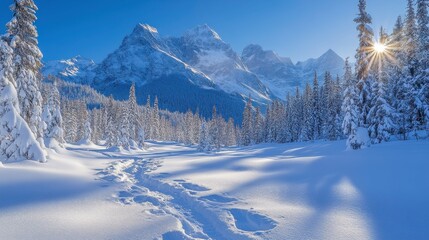 Fototapeta premium A serene winter landscape featuring snow-covered mountains and pine trees under a clear sky.