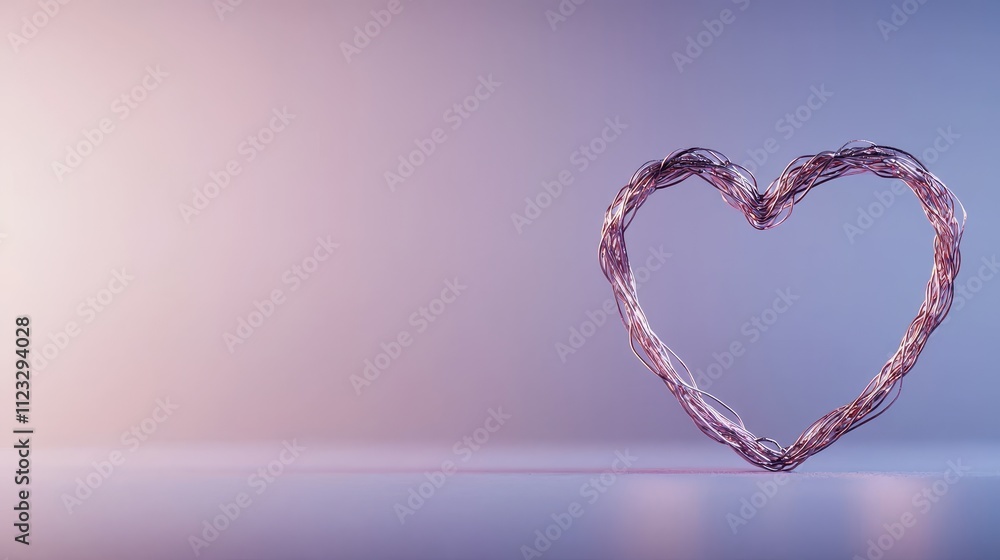 Poster heart shape made of twisted wire on a soft gradient background for love and affection concepts