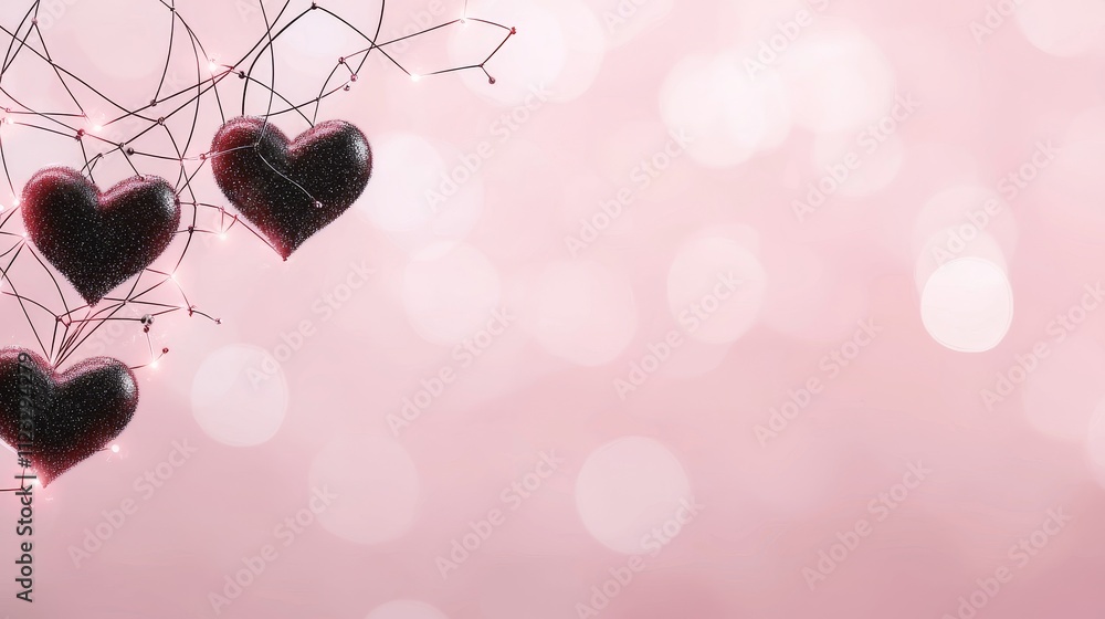 Poster romantic hearts on a delicate web with soft pink background and bokeh effect creating a dreamy atmos