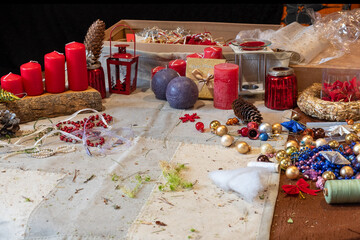 making an advent wreath, floristry concept, handmade, various items for creating Christmas...