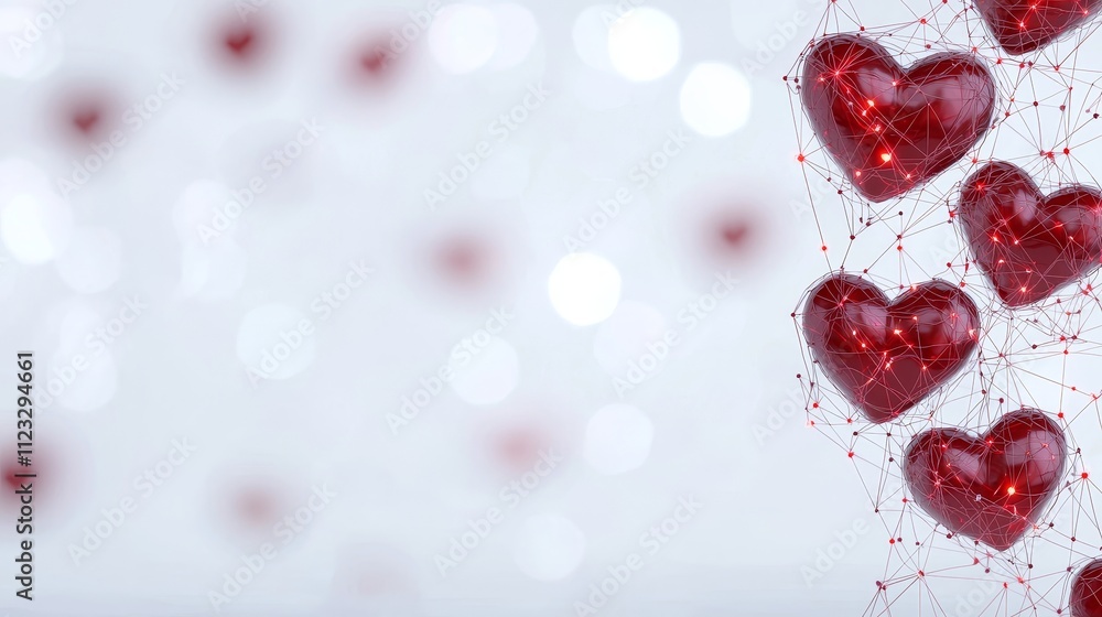 Poster abstract composition of red hearts connected with geometric lines against a soft blurred background 