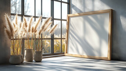 A serene indoor scene featuring a blank frame and decorative plants by a window.