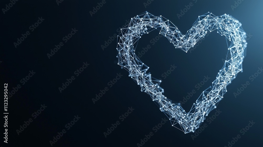 Poster abstract heart shape created with digital particles and connecting lines on a dark background for lo