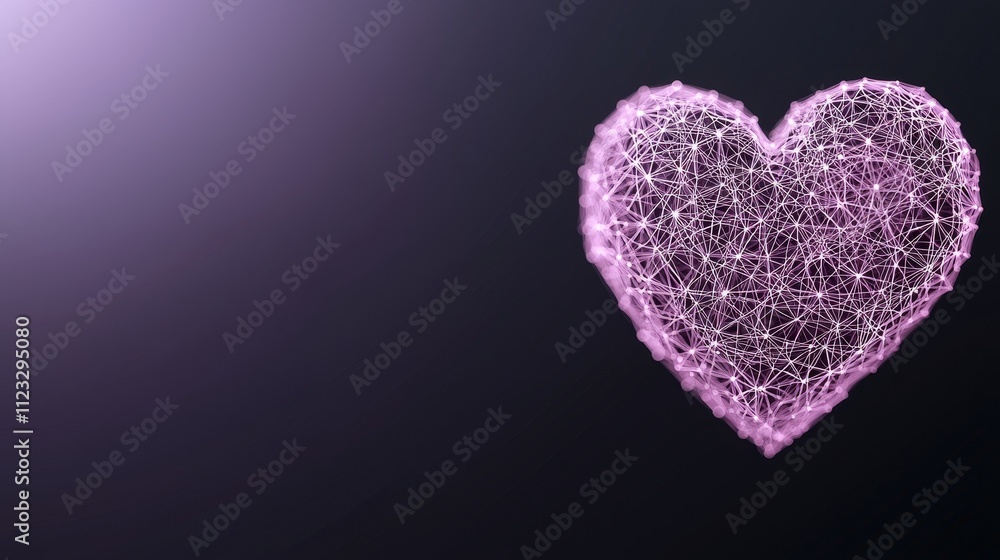Poster heart shape made of lines and nodes in pink color against dark background for conceptual and abstrac