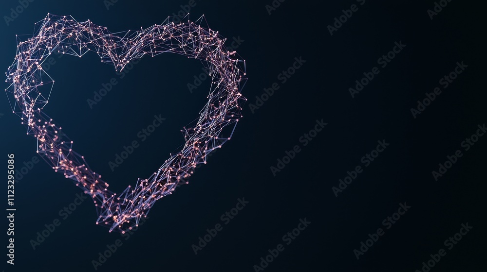 Poster abstract heart shape made of connected lines and dots on a dark background representing love and tec