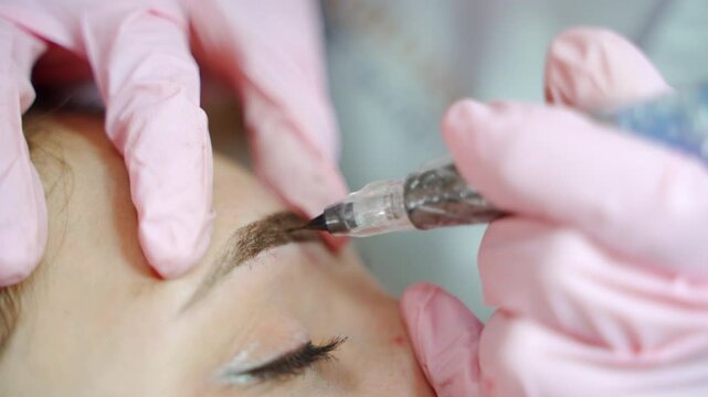 Special needle tattoo machine is used for permanent make up. Microblading for eyebrow makeup in salon. Close up.