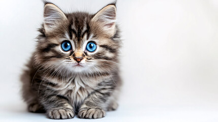 A playful long-haired gray tabby kitten with beautiful blue eyes, showcasing a lifestyle concept for pets against a white background.