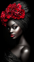 Naklejka premium A woman with a red flower headdress. The woman is wearing a black dress and has red lipstick