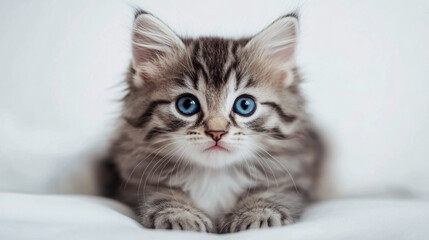 A playful long-haired gray tabby kitten with beautiful blue eyes, showcasing a lifestyle concept for pets against a white background.