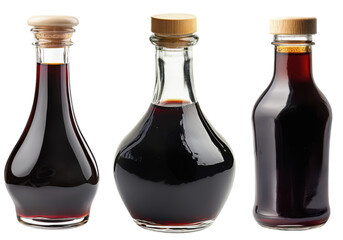 Three Bottles of Soy Sauce Dark Glass Condiment Food Asian Cuisine Cooking Ingredient Restaurant on transparent background