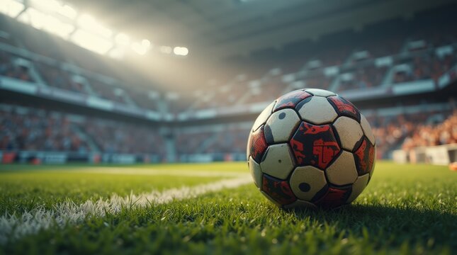 Um bola de futebol no gramado deum grande est&aacute;dio &agrave; noite, refletores acesos.