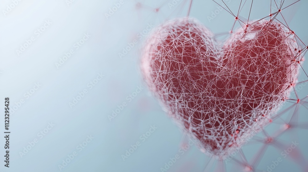 Poster intricate red heart shape constructed from delicate lines and nodes on a gentle soft background