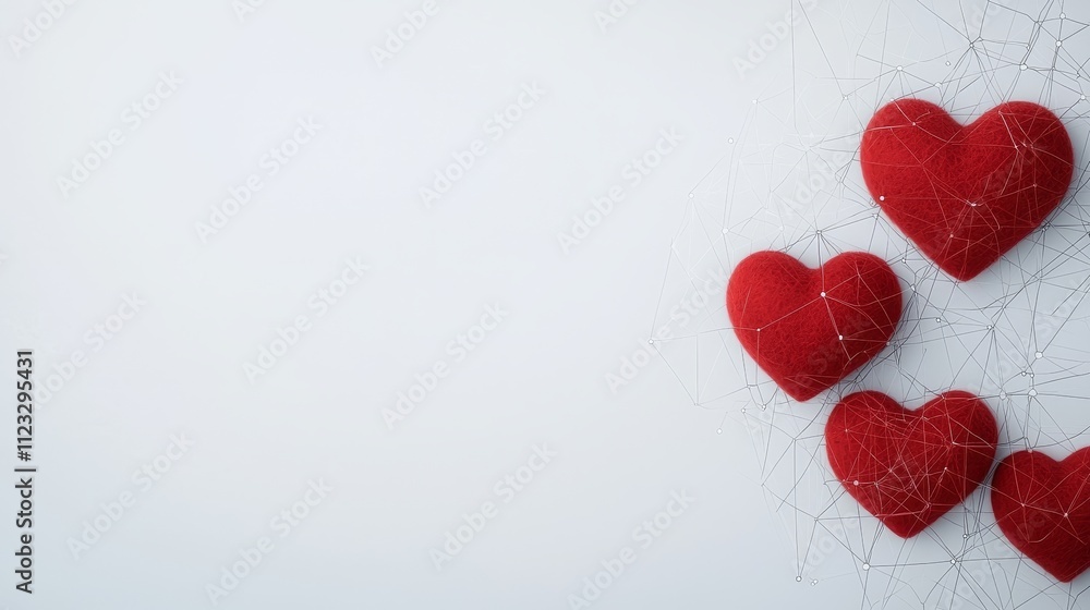 Poster red hearts connected by a network of lines on a minimalistic background symbolizing love and connect