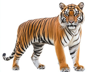 Fototapeta premium Fierce tiger with bold stripes isolated on white background.